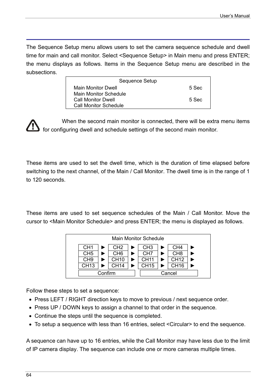 Sequence setup, Main / call monitor dwell, Main / call monitor schedule | ARM Electronics XR&HD480 OSD User Manual | Page 65 / 111