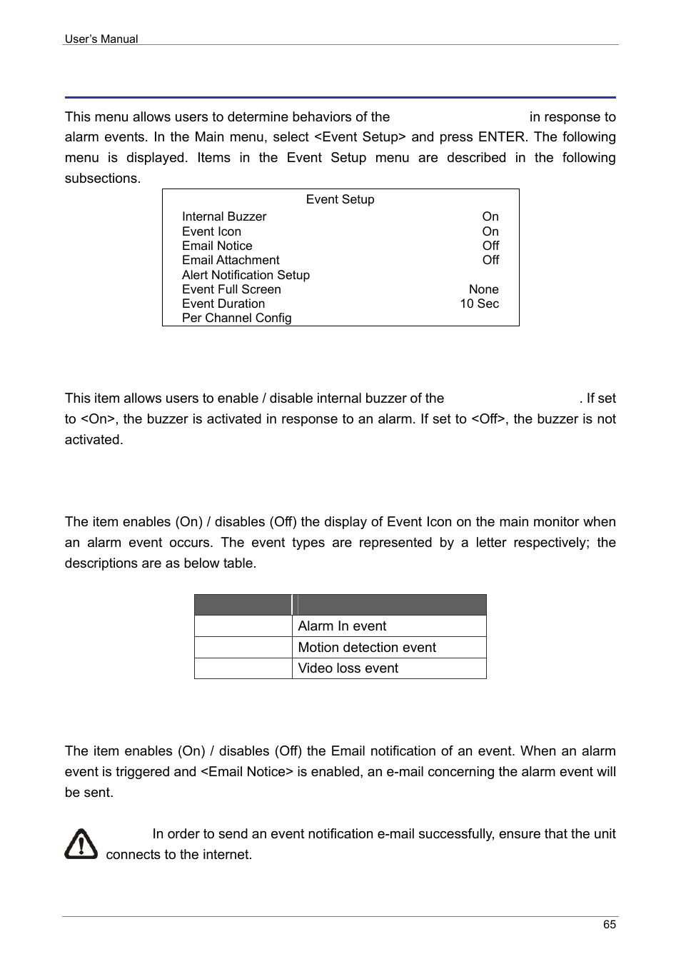 Event setup, Internal buzzer, Event icon | Email notice | ARM Electronics XR&HD480 OSD User Manual | Page 66 / 111