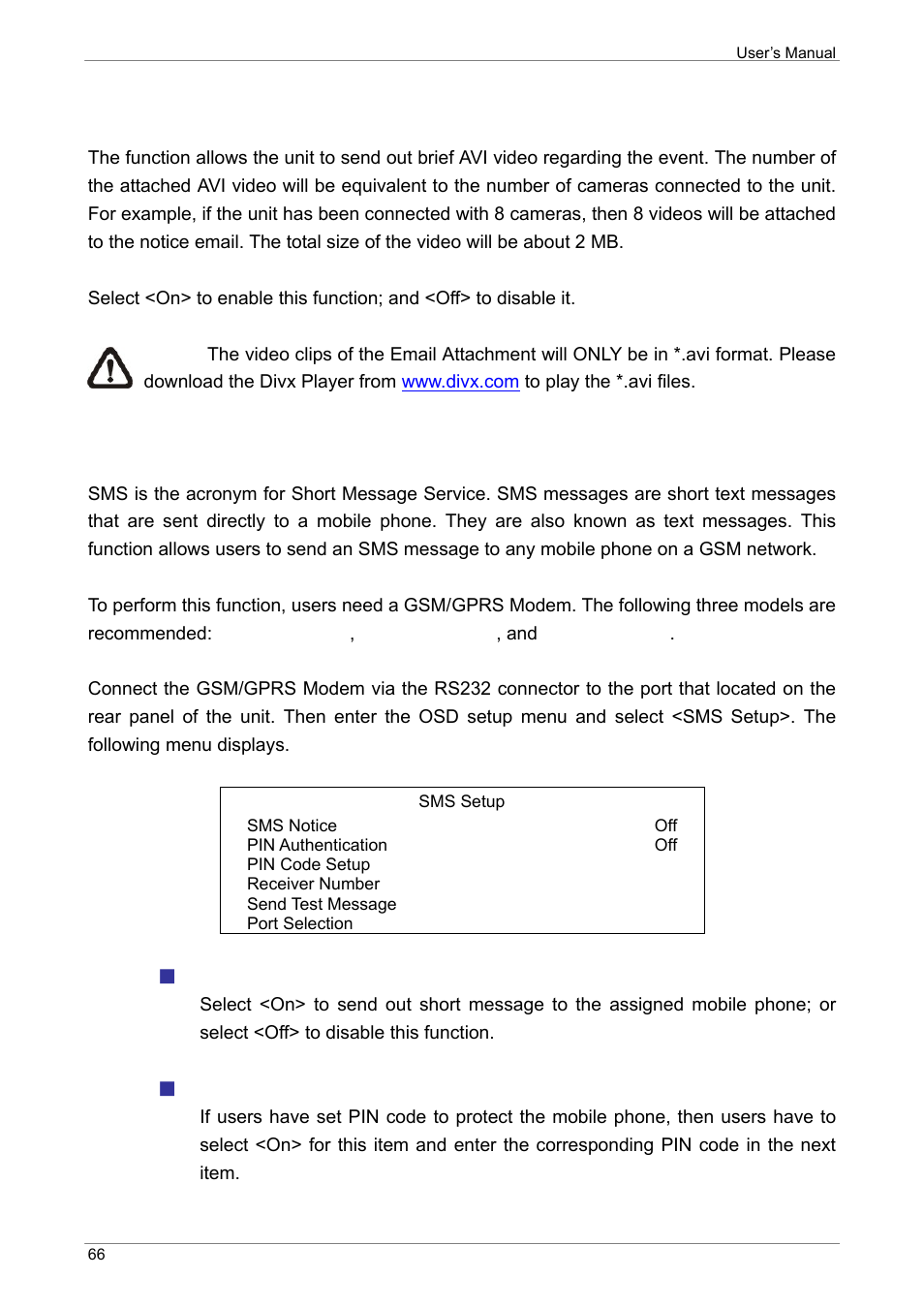 Email attachment, Sms setup, Sms notice | Pin authentication | ARM Electronics XR&HD480 OSD User Manual | Page 67 / 111