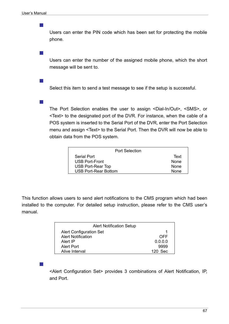 Alert notification setup, Pin code setup, Receiver number | Send test message, Port selection, Alert configuration set | ARM Electronics XR&HD480 OSD User Manual | Page 68 / 111
