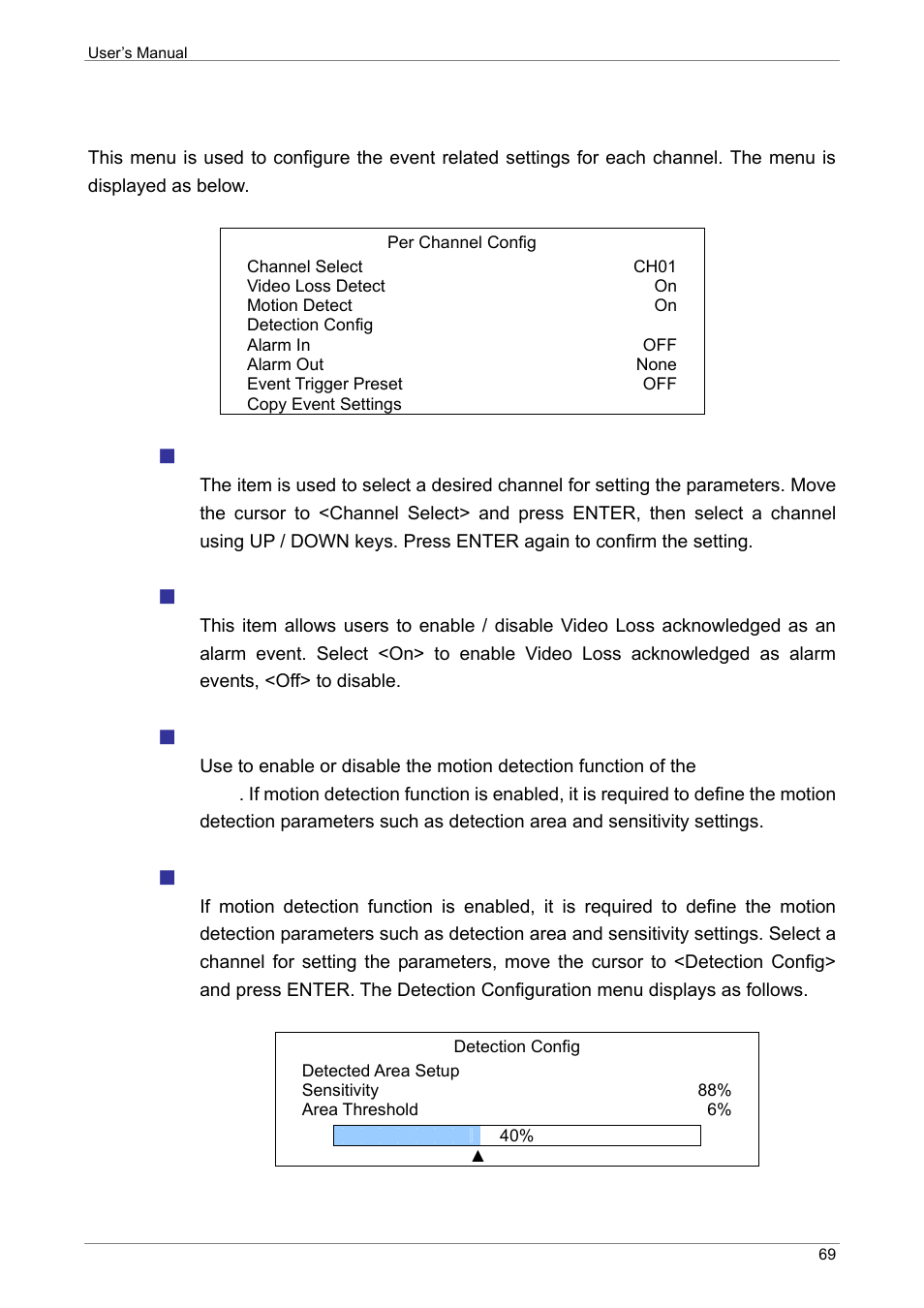 Per channel config, Channel select, Video loss detect | Motion detect, Detection config | ARM Electronics XR&HD480 OSD User Manual | Page 70 / 111