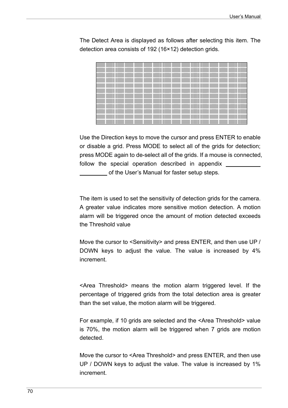 Detected area setup, Sensitivity, Area threshold | User’s manual 70 | ARM Electronics XR&HD480 OSD User Manual | Page 71 / 111