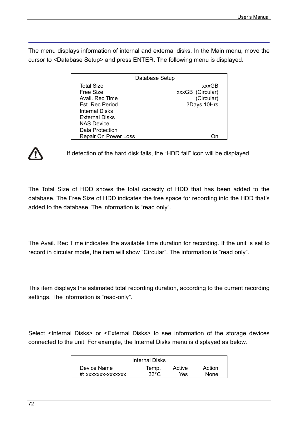 Database setup, Total / free size of hdd, Avail. rec time | Est. rec period, Internal / external disks | ARM Electronics XR&HD480 OSD User Manual | Page 73 / 111