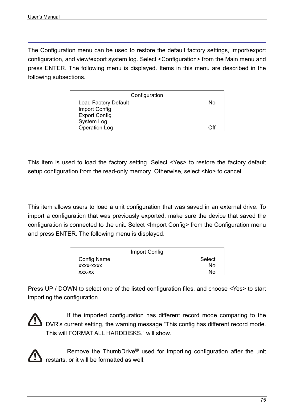 Configuration, Load factory default, Import configuration | ARM Electronics XR&HD480 OSD User Manual | Page 76 / 111