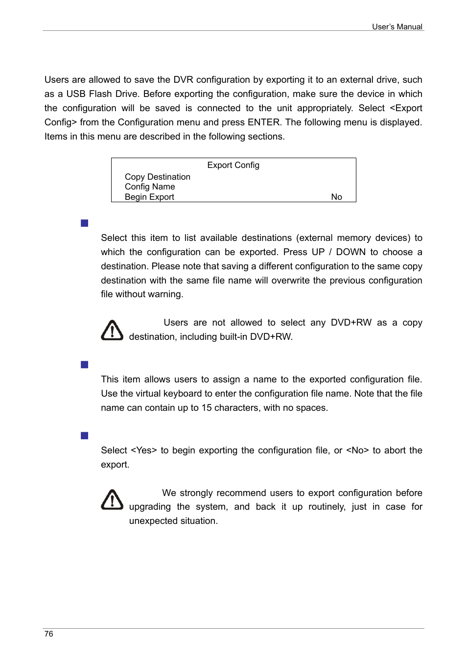 Export configuration, Copy destination, Configuration name | Begin export | ARM Electronics XR&HD480 OSD User Manual | Page 77 / 111