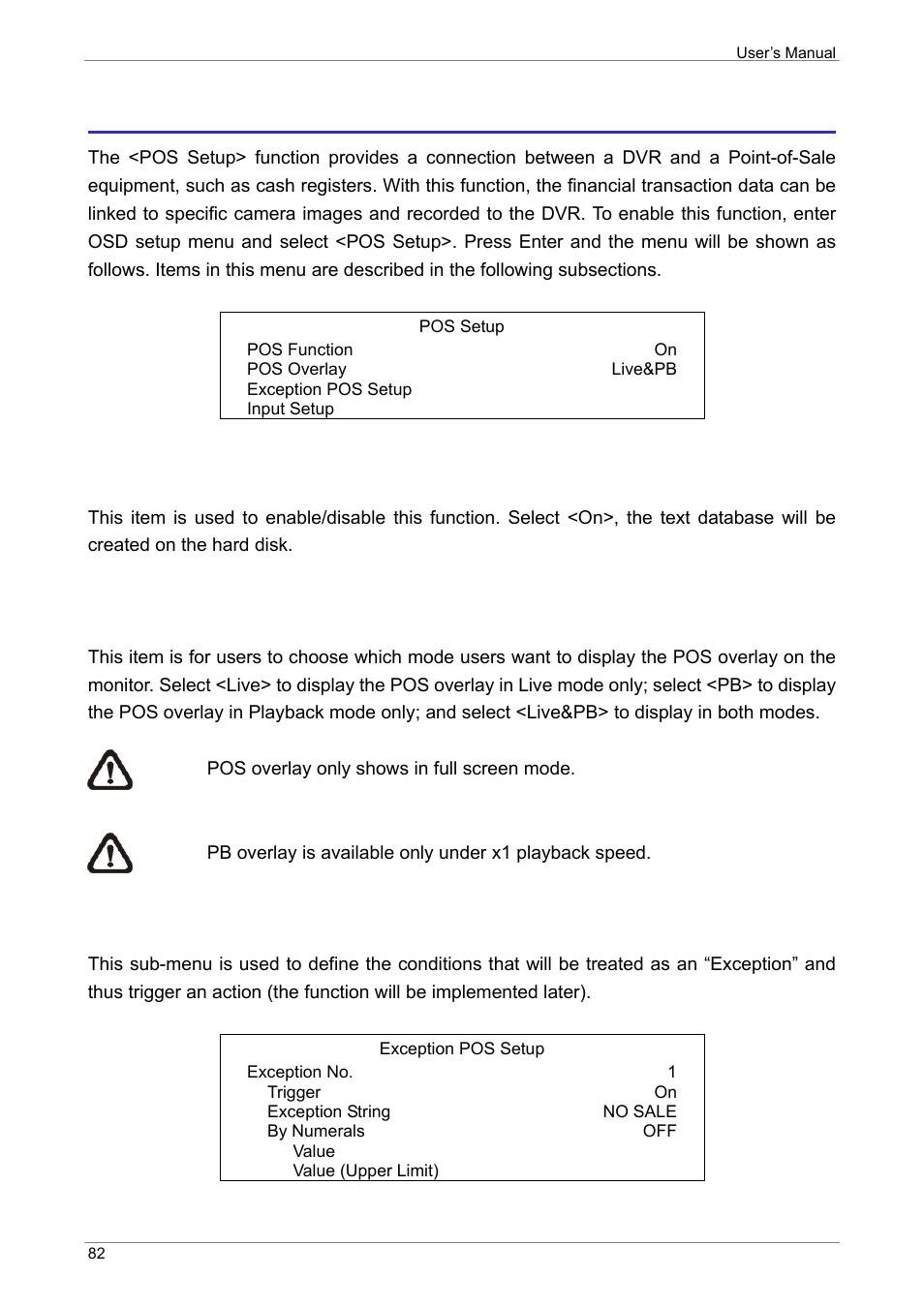 Pos setup, Pos function, Pos overlay | Exception pos setup | ARM Electronics XR&HD480 OSD User Manual | Page 83 / 111