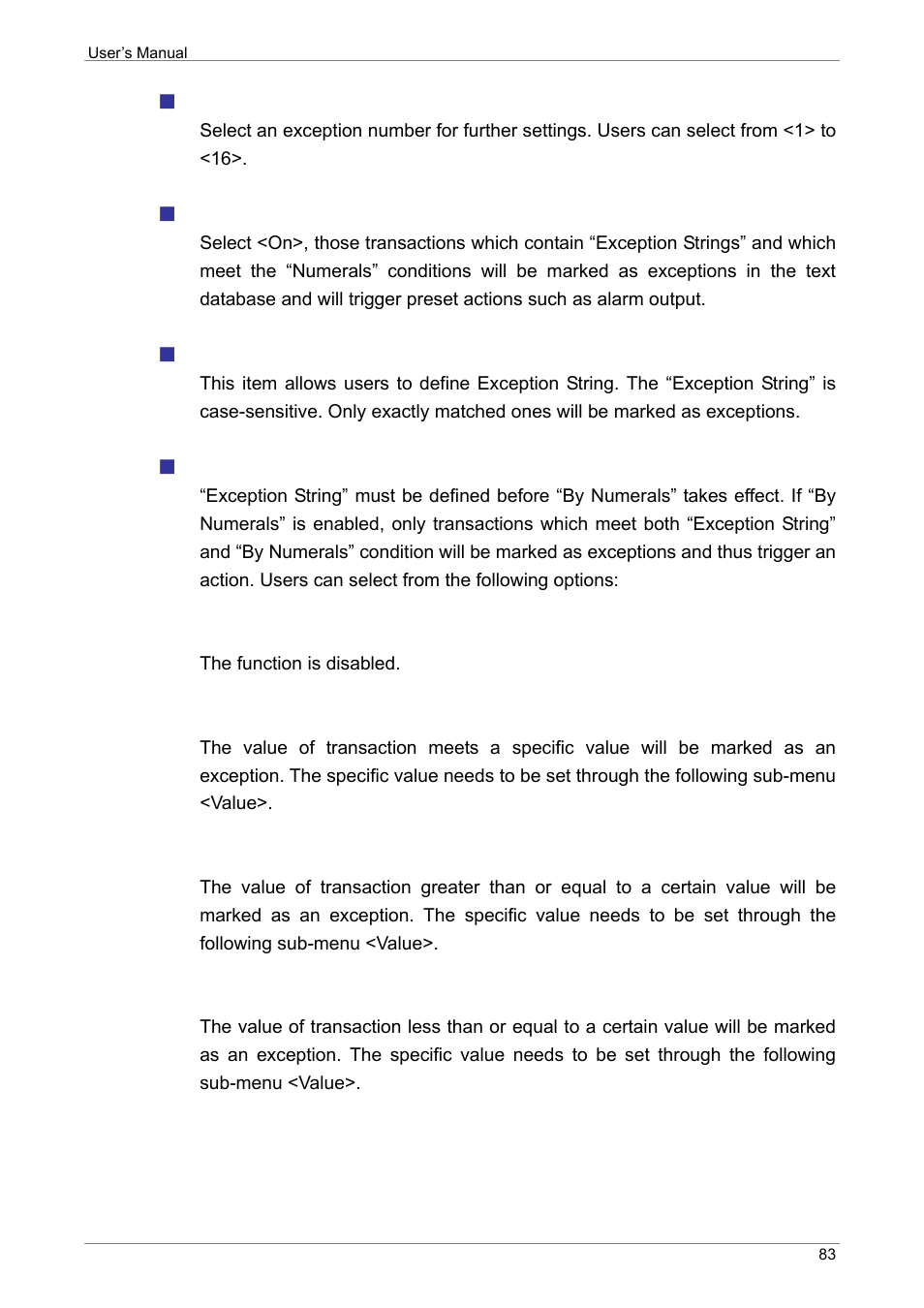 Exception no, Trigger, Exception string | By numerals | ARM Electronics XR&HD480 OSD User Manual | Page 84 / 111