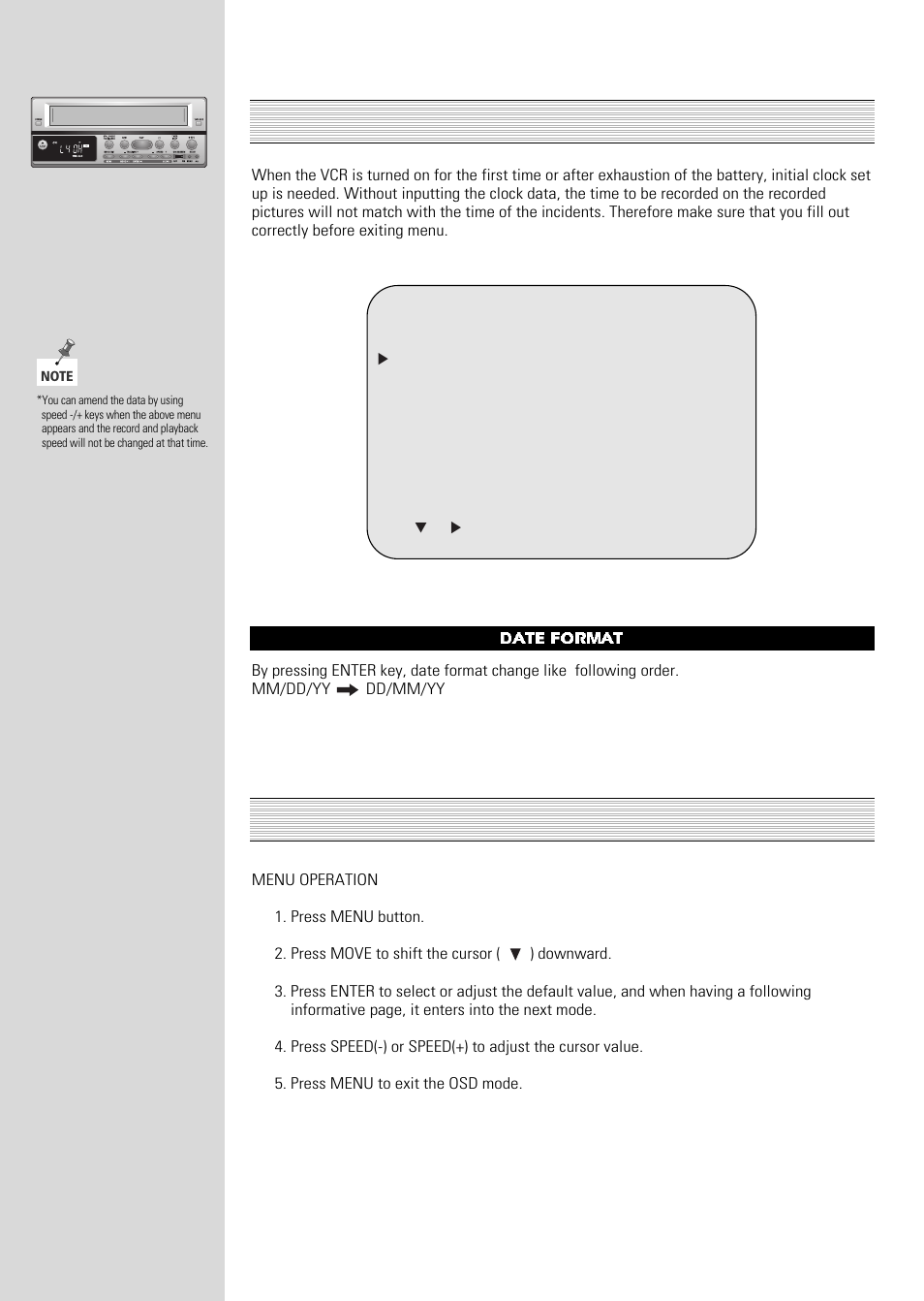 Setting the clock ( initial clock setting ), Setting the menus, Date format | ARM Electronics Casino VCR800 User Manual | Page 12 / 34