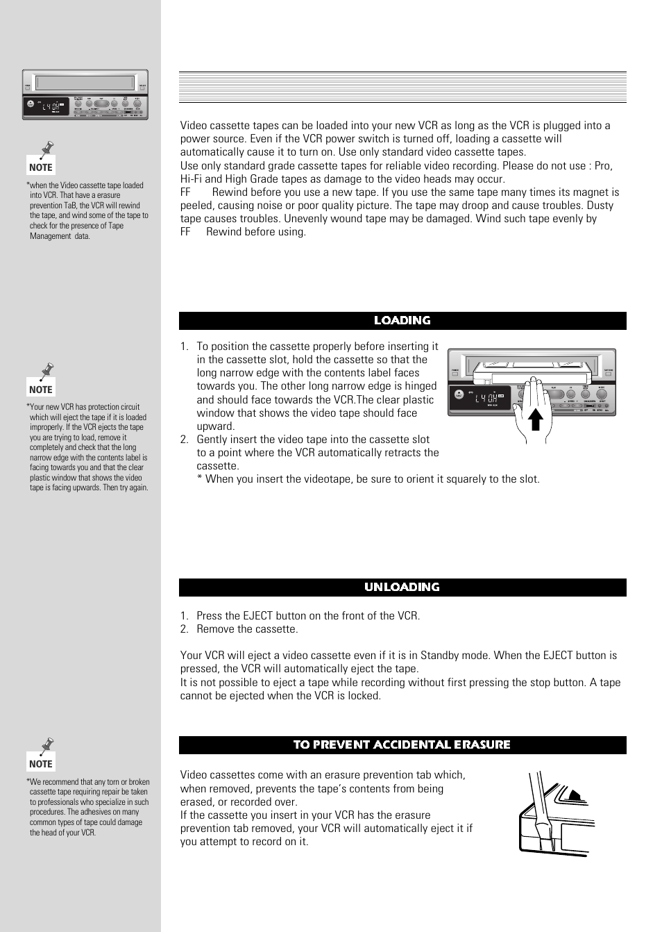 Loading and unloading the cassette tape, Unloading to prevent accidental erasure loading | ARM Electronics Casino VCR800 User Manual | Page 14 / 34