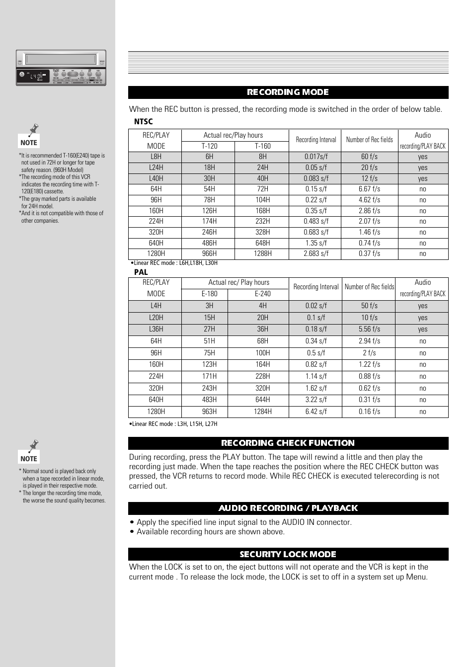 Manual recording(continued), Recording mode recordingcheckfunction, Audio recording / playback | Security lock mode | ARM Electronics Casino VCR800 User Manual | Page 16 / 34