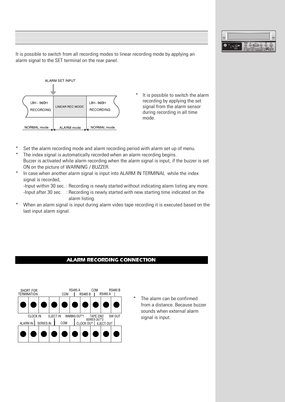 Alarm recording, Alarm recording connection | ARM Electronics Casino VCR800 User Manual | Page 17 / 34