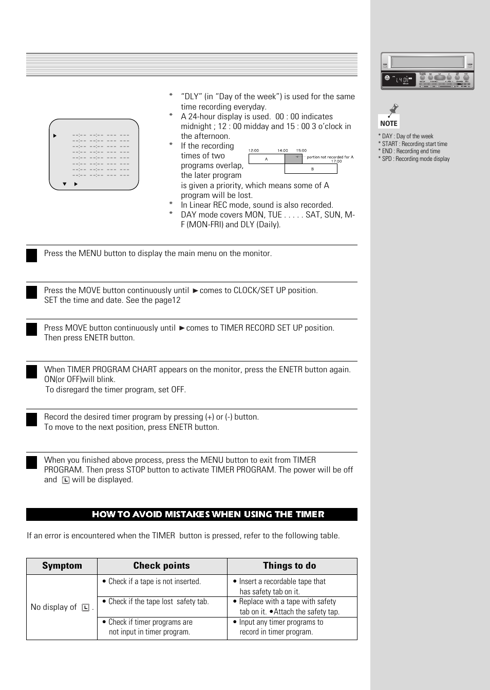 Timer recording, How to avoid mistakes when using the timer | ARM Electronics Casino VCR800 User Manual | Page 21 / 34