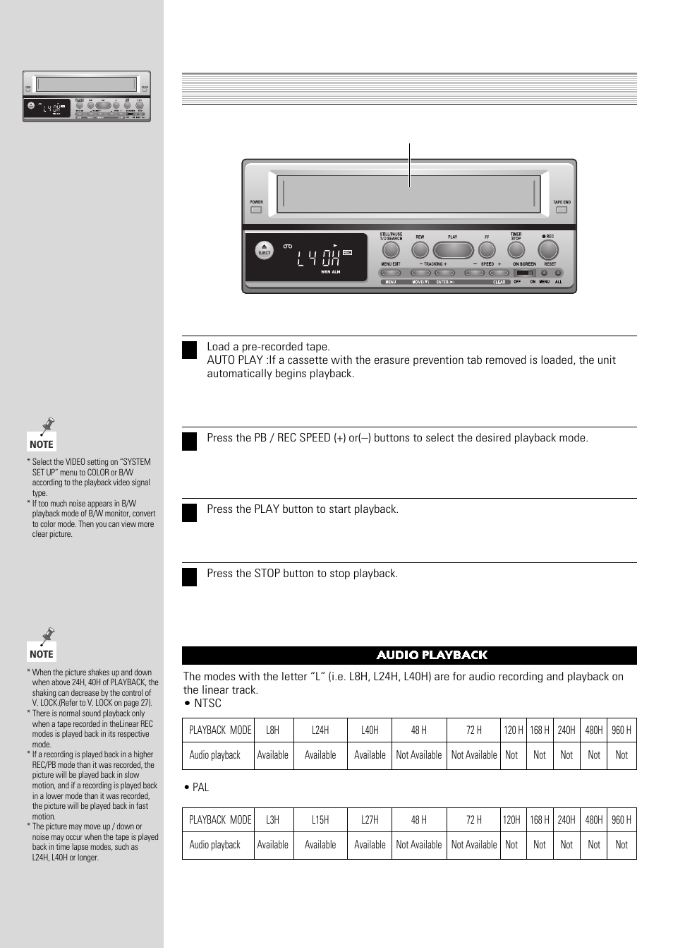 Playback, Audio playback | ARM Electronics Casino VCR800 User Manual | Page 22 / 34