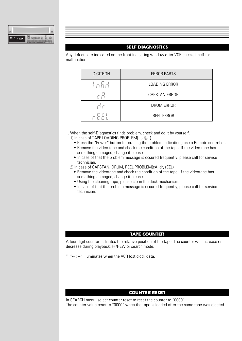 Additional features, Self diagnostics, Tape counter | Counterreset | ARM Electronics Casino VCR800 User Manual | Page 24 / 34