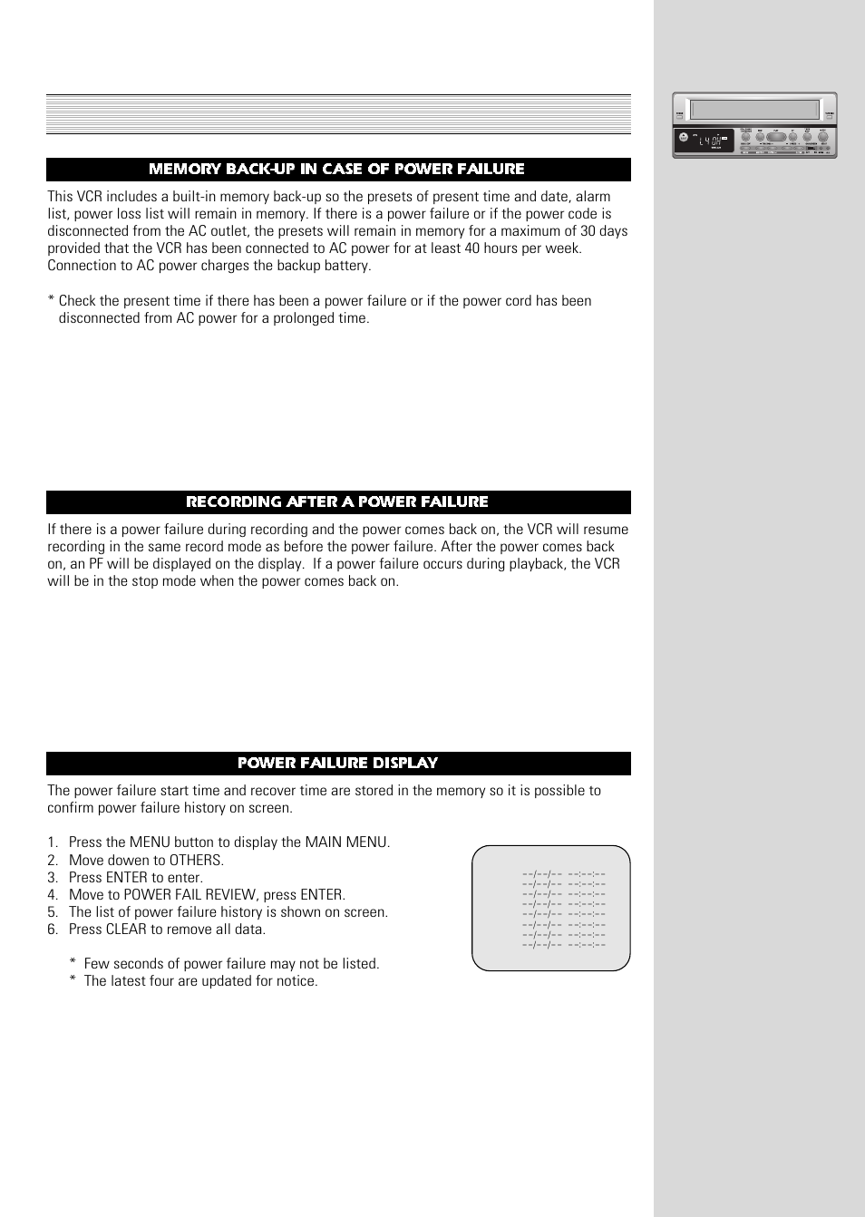 Additional features, Recording after a power failure, Power failure display | English-25 | ARM Electronics Casino VCR800 User Manual | Page 25 / 34