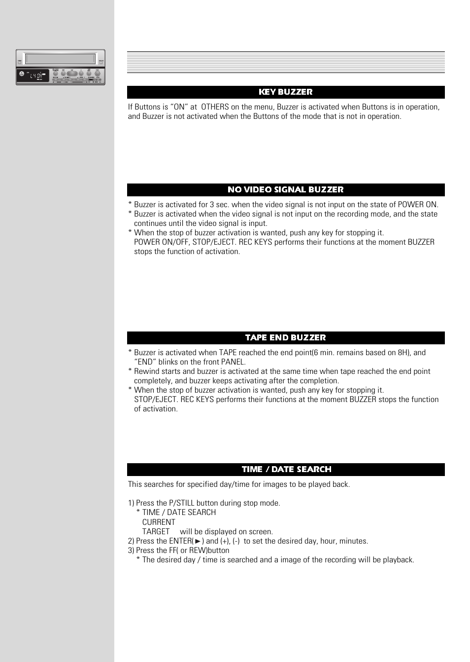 Special effects, Keybuzzer, No video signal buzzer | Tapeendbuzzer, Time / date search | ARM Electronics Casino VCR800 User Manual | Page 26 / 34