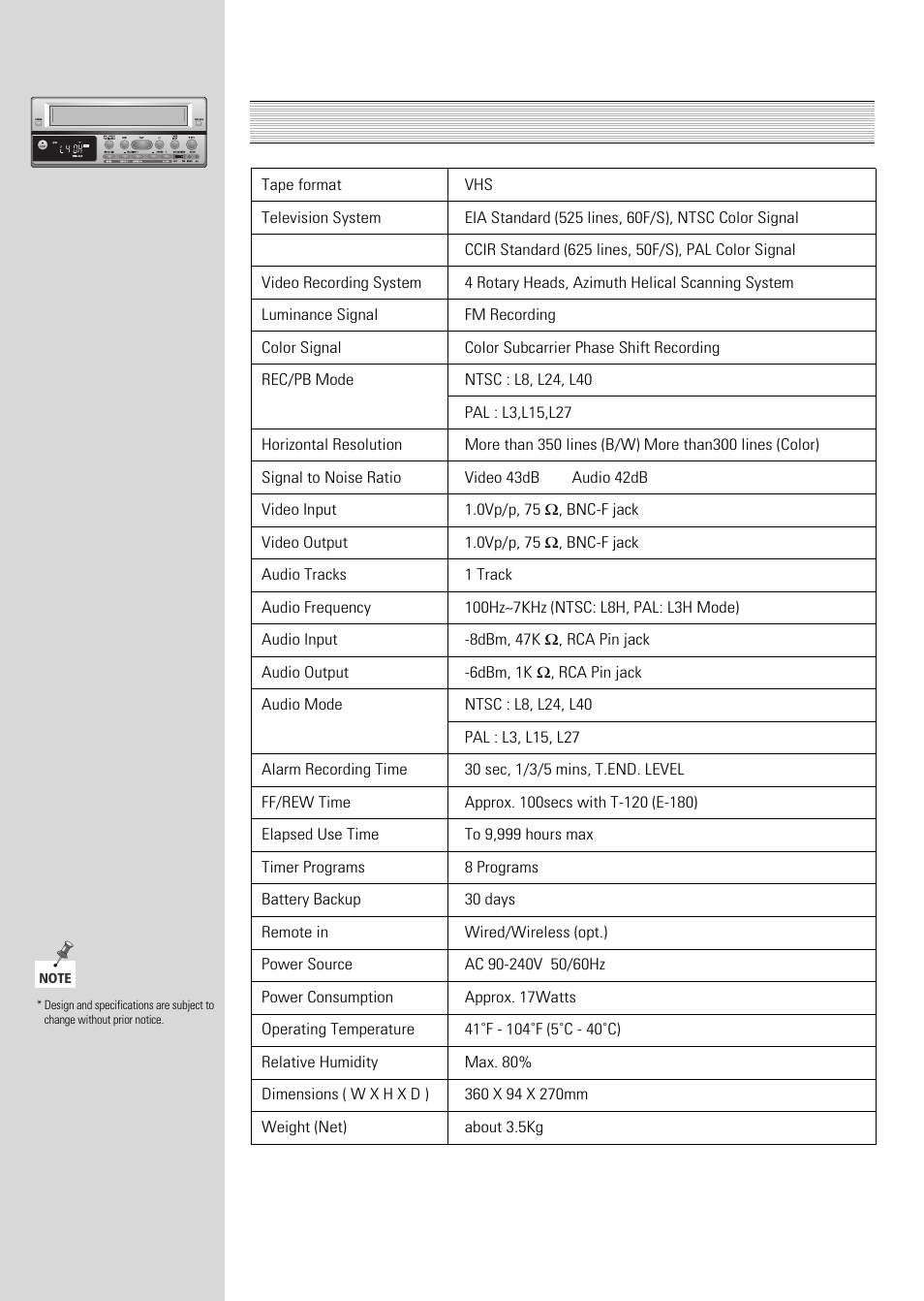 Specifications | ARM Electronics Casino VCR800 User Manual | Page 30 / 34