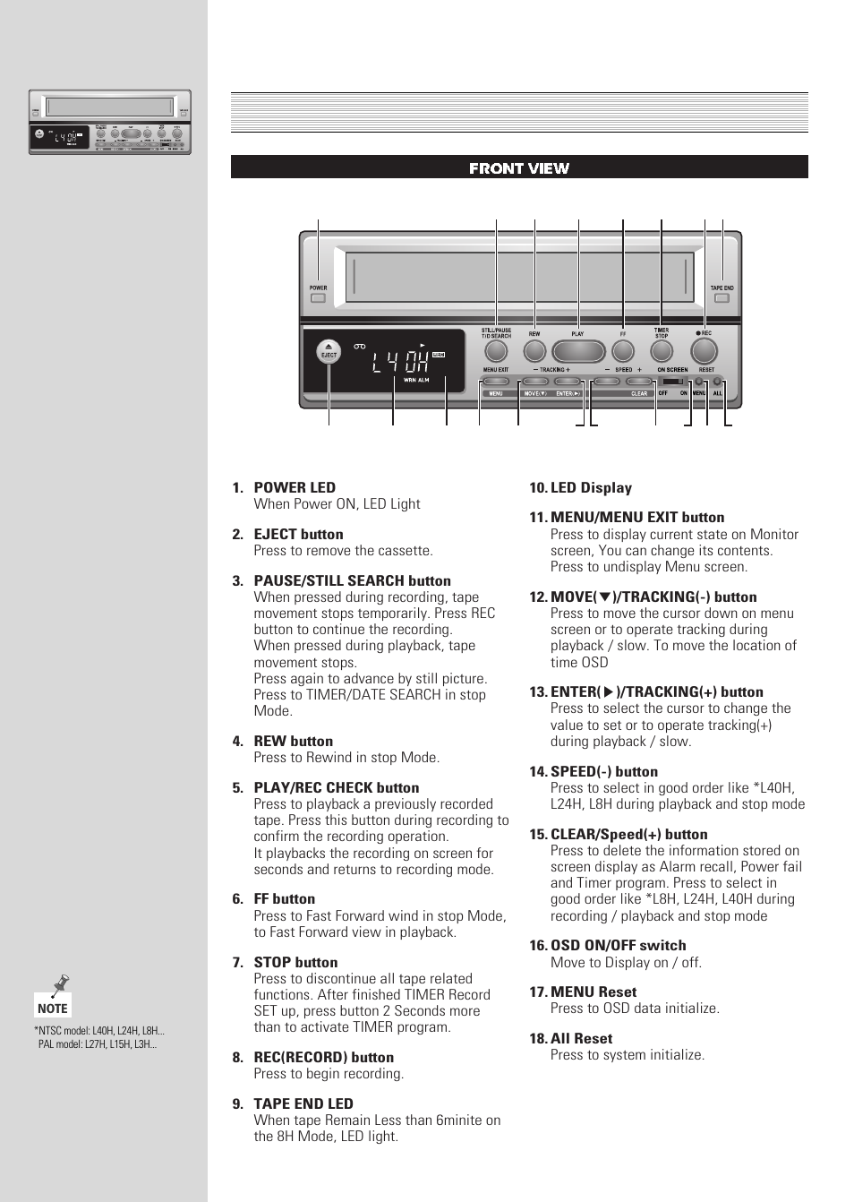 Features and functions, Front view | ARM Electronics Casino VCR800 User Manual | Page 6 / 34