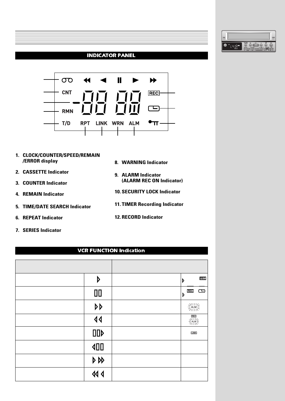 Features and functions ( continued ), Indicator panel, Vcr function indication | ARM Electronics Casino VCR800 User Manual | Page 7 / 34