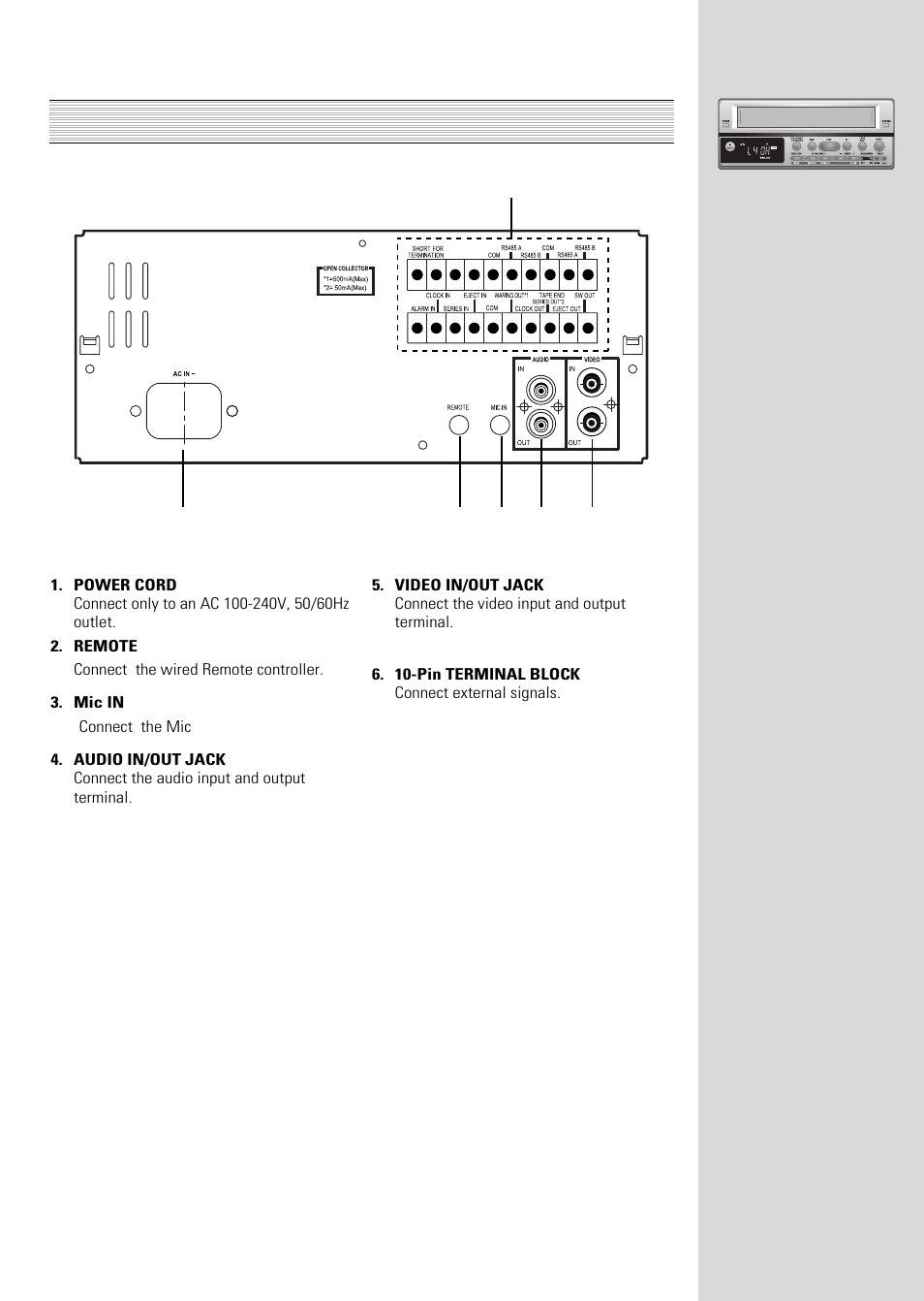 Rear panel | ARM Electronics Casino VCR800 User Manual | Page 9 / 34