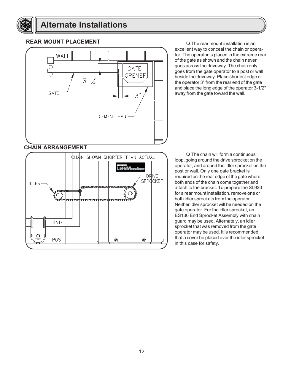 Alternate installations | Chamberlain LIFTMASTER SL920 User Manual | Page 12 / 32