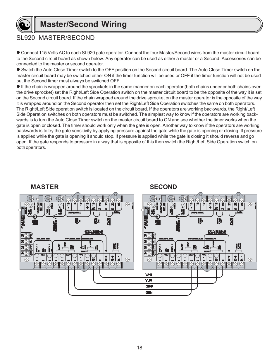 Wiring, Master/second, Master/second wiring | Chamberlain LIFTMASTER SL920 User Manual | Page 18 / 32