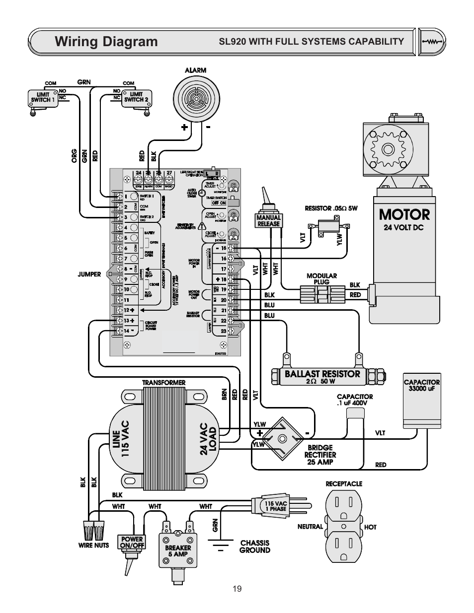 Wiring diagram sl920 with full systems capability, Wiring diagram | Chamberlain LIFTMASTER SL920 User Manual | Page 19 / 32