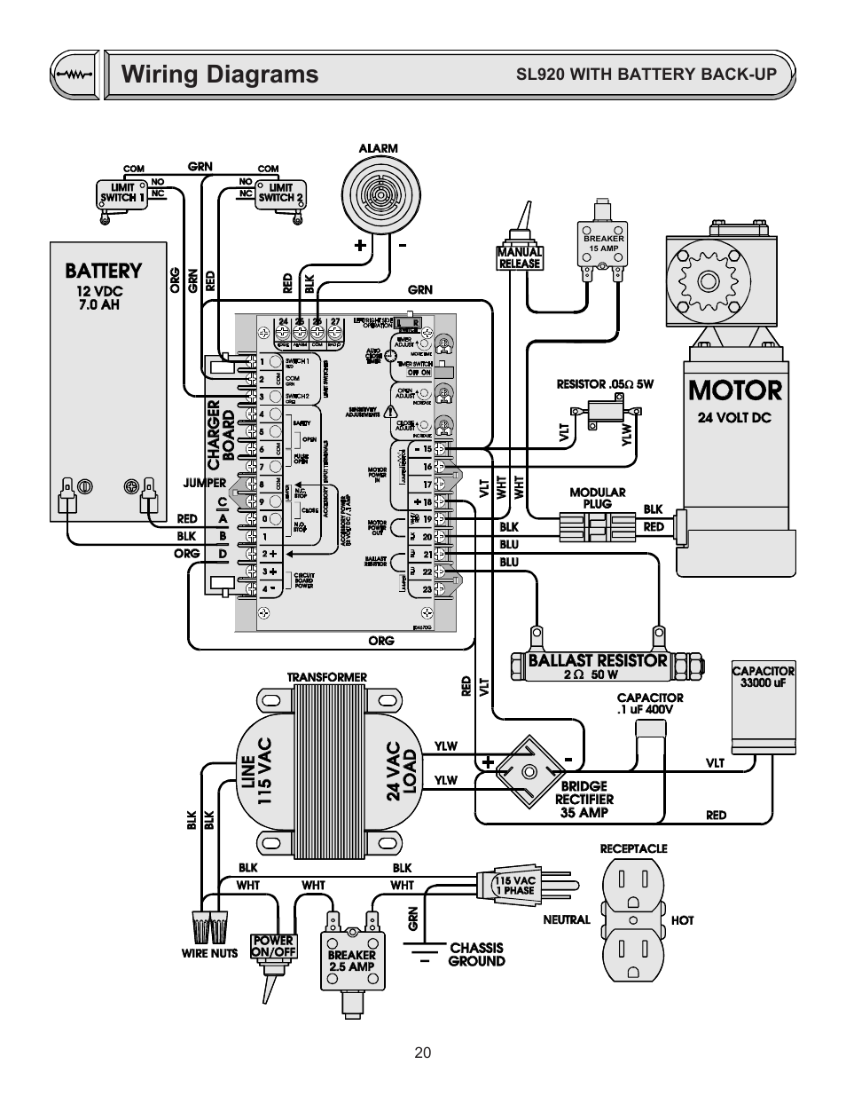 Wiring diagrams sl920 with battery back-up, Wiring diagrams | Chamberlain LIFTMASTER SL920 User Manual | Page 20 / 32