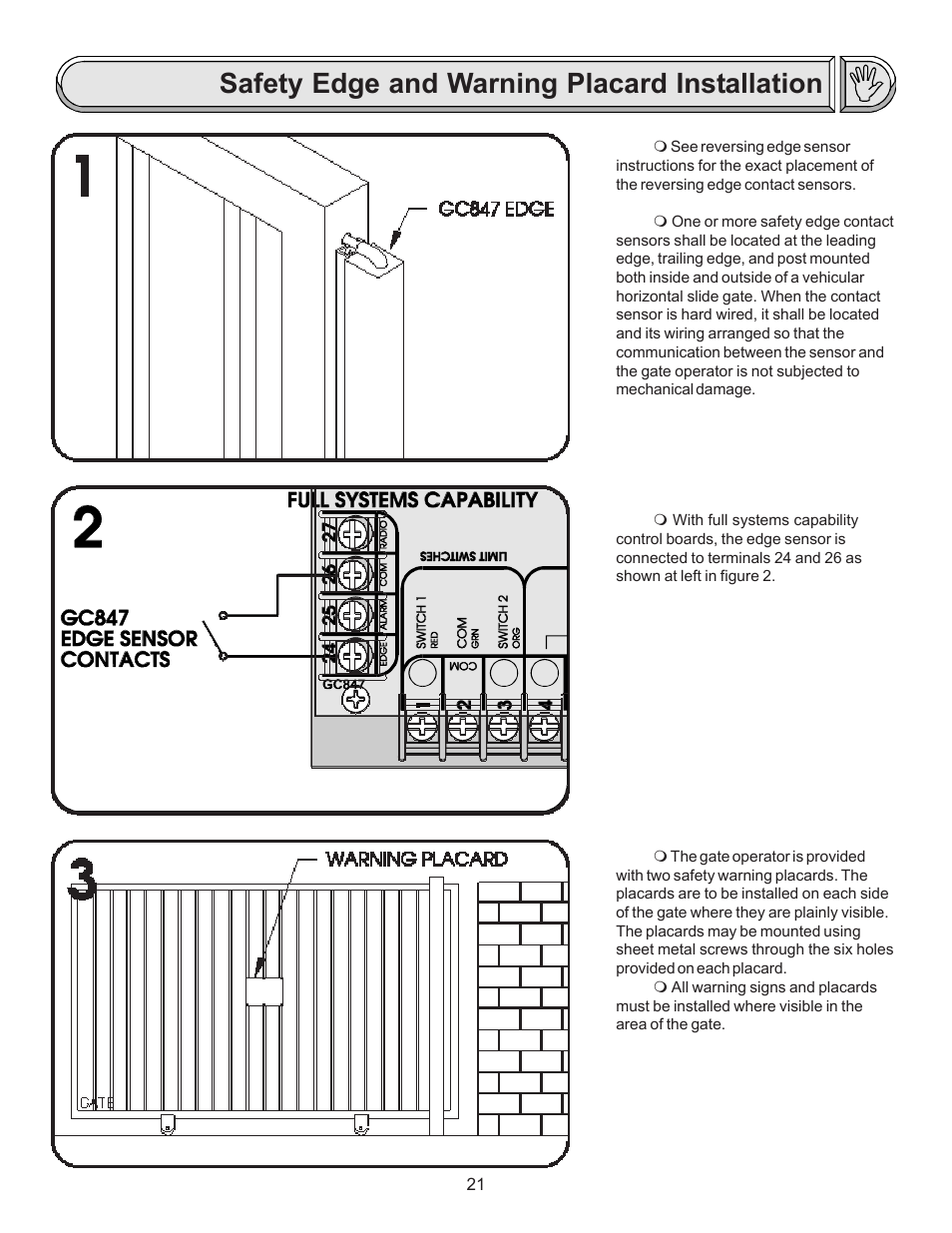 Safety edge and warning placard installation | Chamberlain LIFTMASTER SL920 User Manual | Page 21 / 32