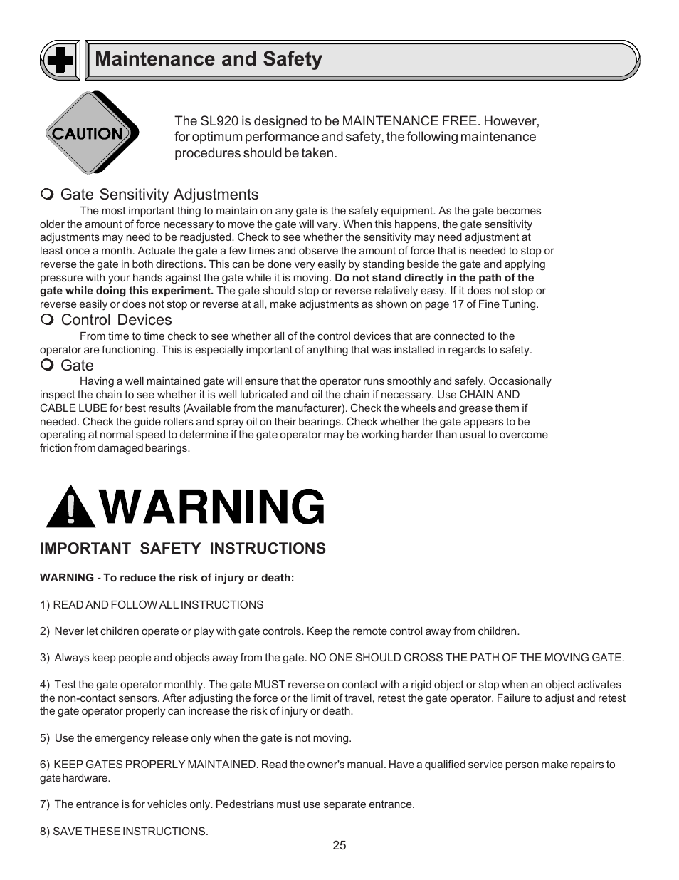 Maintenance and safety, Warning | Chamberlain LIFTMASTER SL920 User Manual | Page 25 / 32