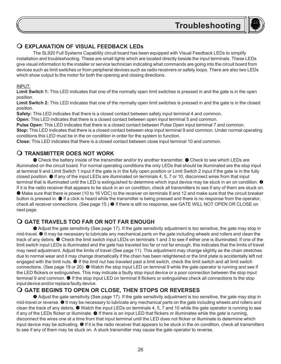 Troubleshooting | Chamberlain LIFTMASTER SL920 User Manual | Page 26 / 32