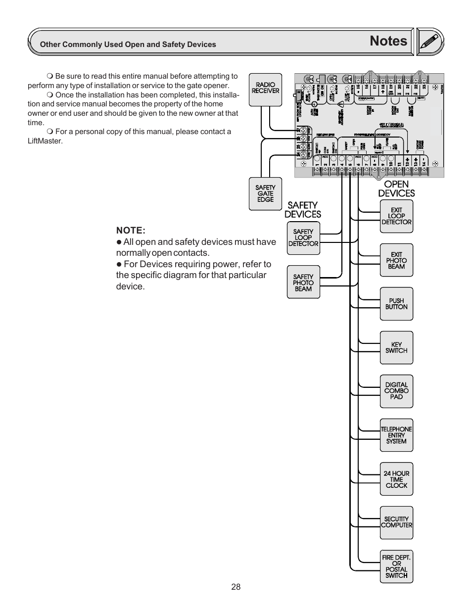 Notes other commonly used open and safety devices | Chamberlain LIFTMASTER SL920 User Manual | Page 28 / 32