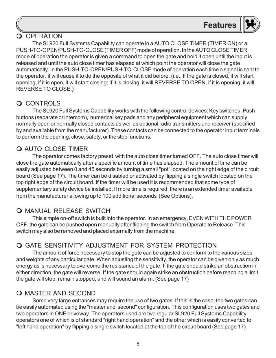 Features | Chamberlain LIFTMASTER SL920 User Manual | Page 5 / 32