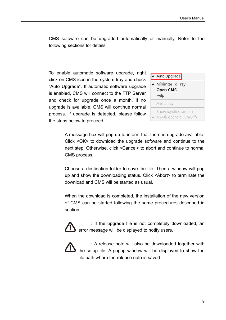 Software upgrade, 1 automatic software upgrade | ARM Electronics CMS User Manual | Page 10 / 122