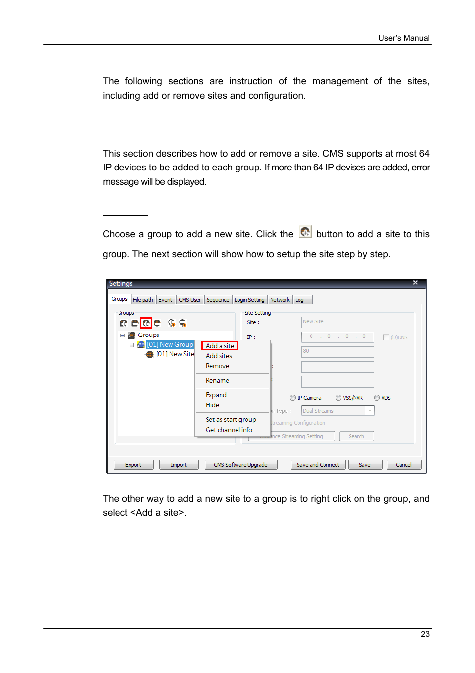 2 manage the sites, 1 add/remove a site | ARM Electronics CMS User Manual | Page 24 / 122