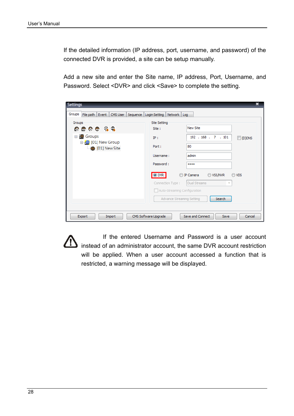 3 setup the dvr site manually | ARM Electronics CMS User Manual | Page 29 / 122