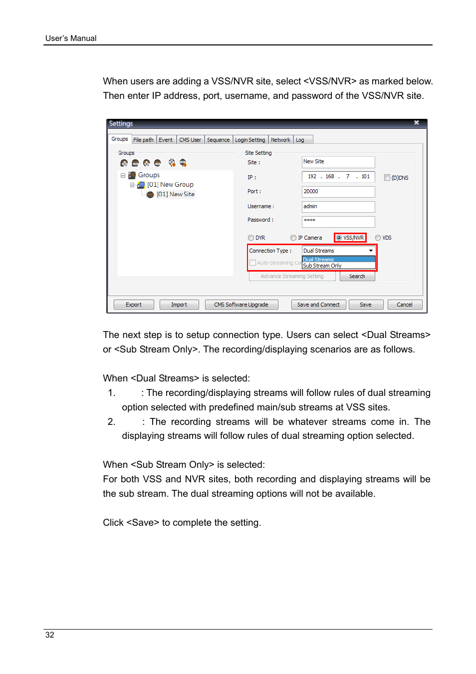 5 setup the vss/nvr site manually | ARM Electronics CMS User Manual | Page 33 / 122