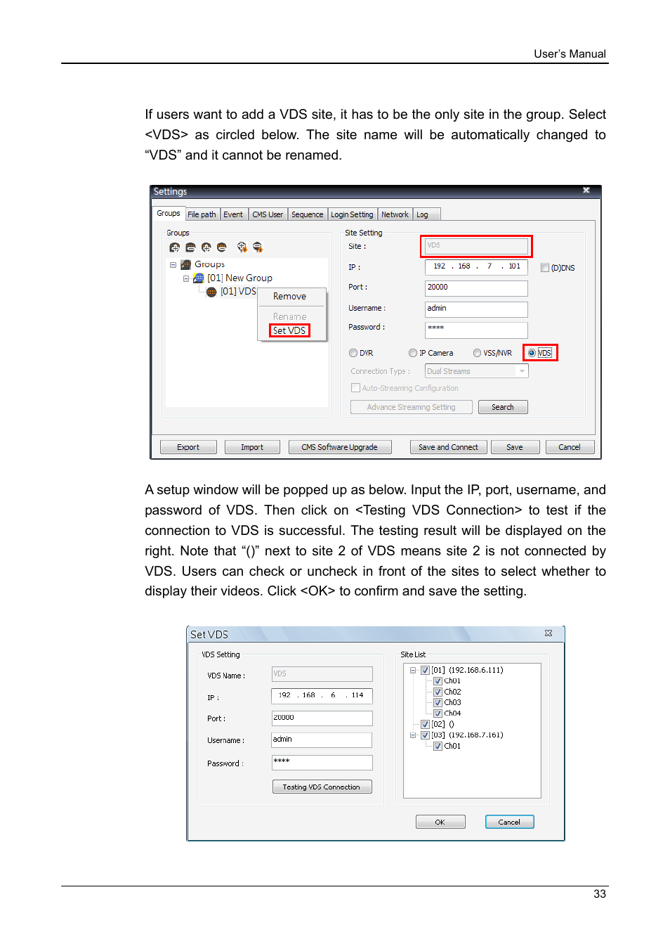6 setup the vds site manually | ARM Electronics CMS User Manual | Page 34 / 122