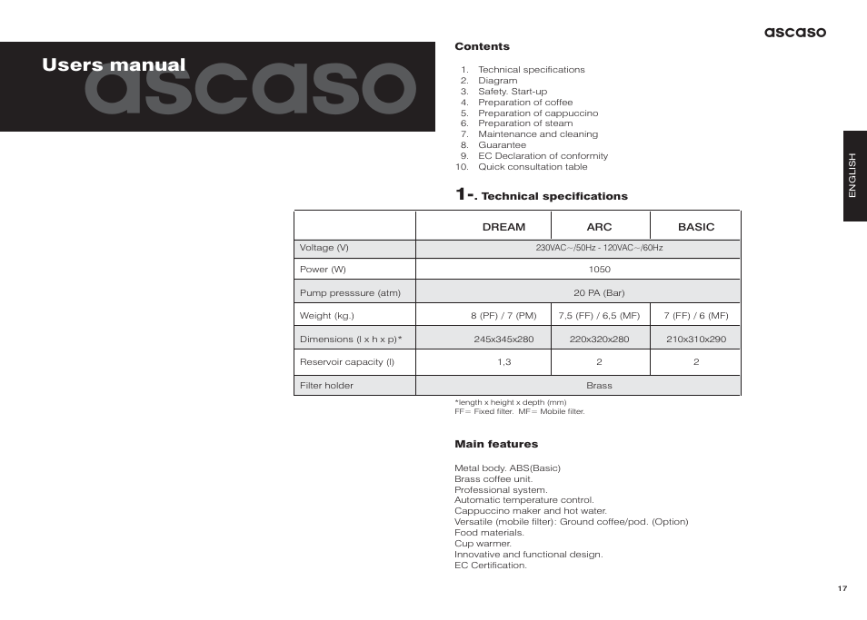 Ascaso, Users manual | Ascaso Dream User Manual | Page 11 / 54