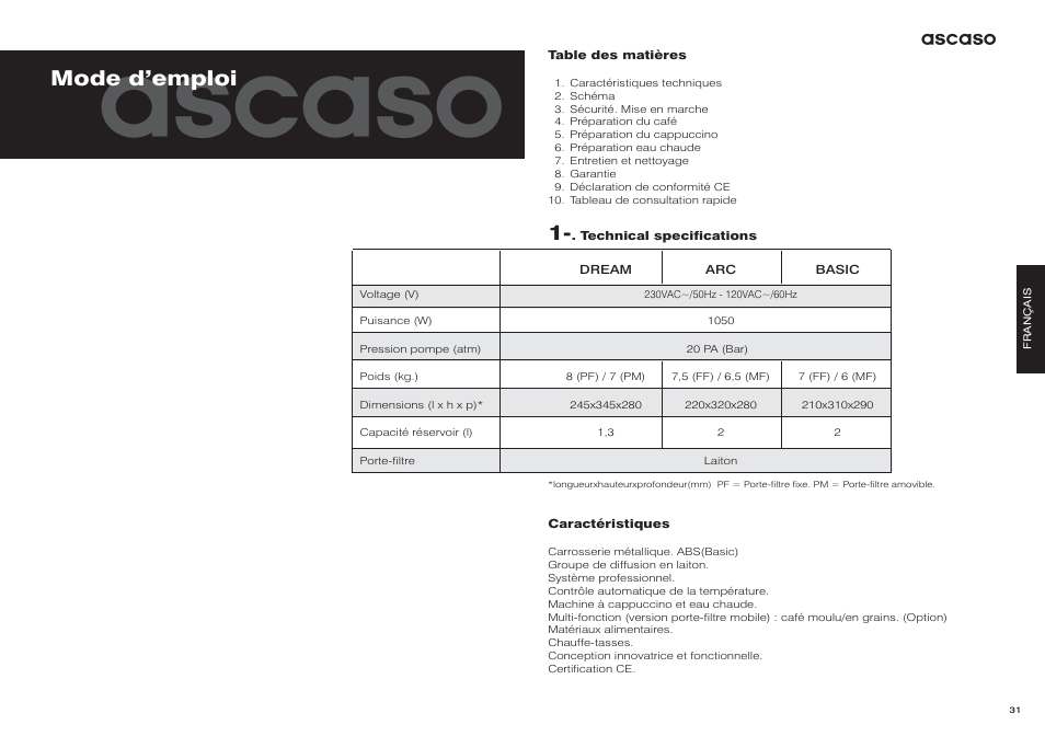 Ascaso, Mode demploi | Ascaso Dream User Manual | Page 18 / 54