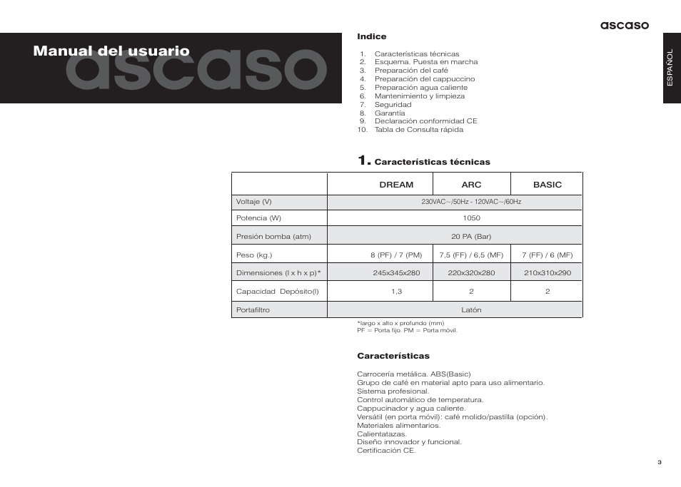 Ascaso, Manual del usuario | Ascaso Dream User Manual | Page 4 / 54