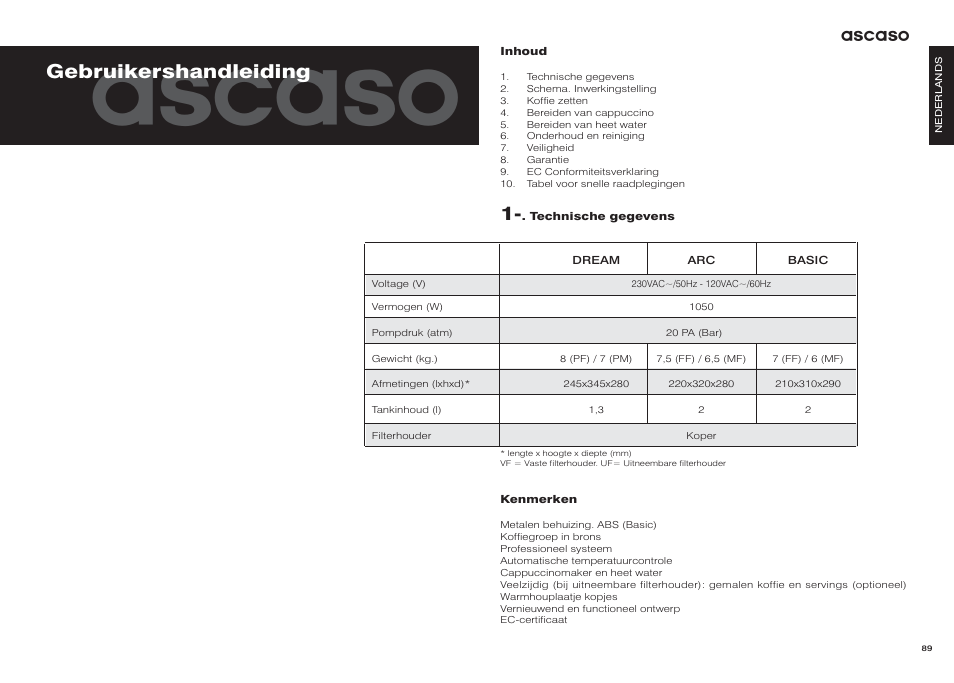 Ascaso, Gebruikershandleiding | Ascaso Dream User Manual | Page 47 / 54