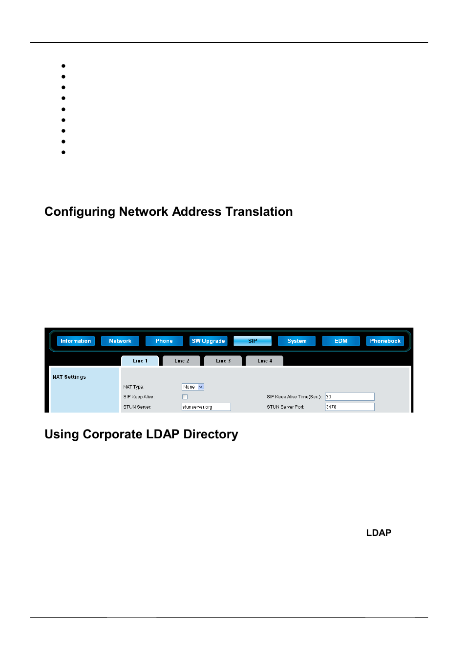 Configuring network address translation, Using corporate ldap directory | ATL Telecom IP-3062 PoE Professional IP Telephone User Manual | Page 36 / 74