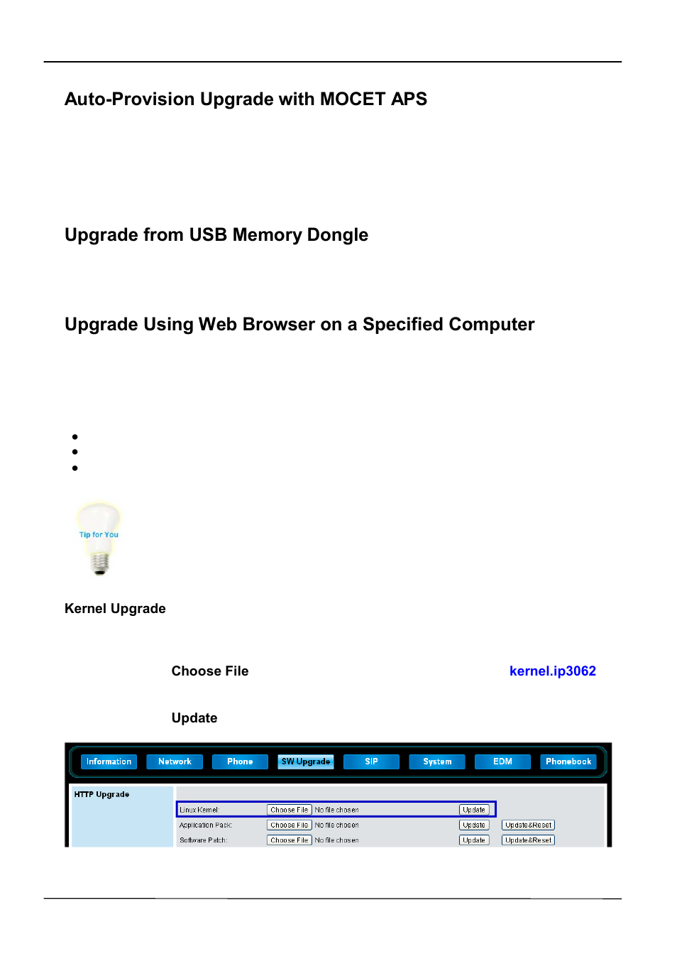 Auto-provision upgrade with mocet aps, Upgrade using web browser on a specified computer | ATL Telecom IP-3062 PoE Professional IP Telephone User Manual | Page 48 / 74