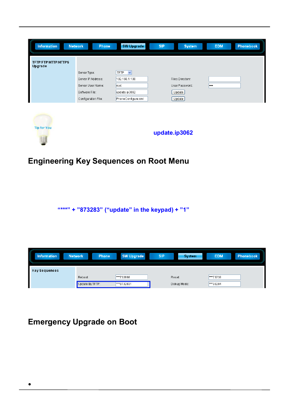 Engineering key sequences on root menu, Emergency upgrade on boot | ATL Telecom IP-3062 PoE Professional IP Telephone User Manual | Page 50 / 74