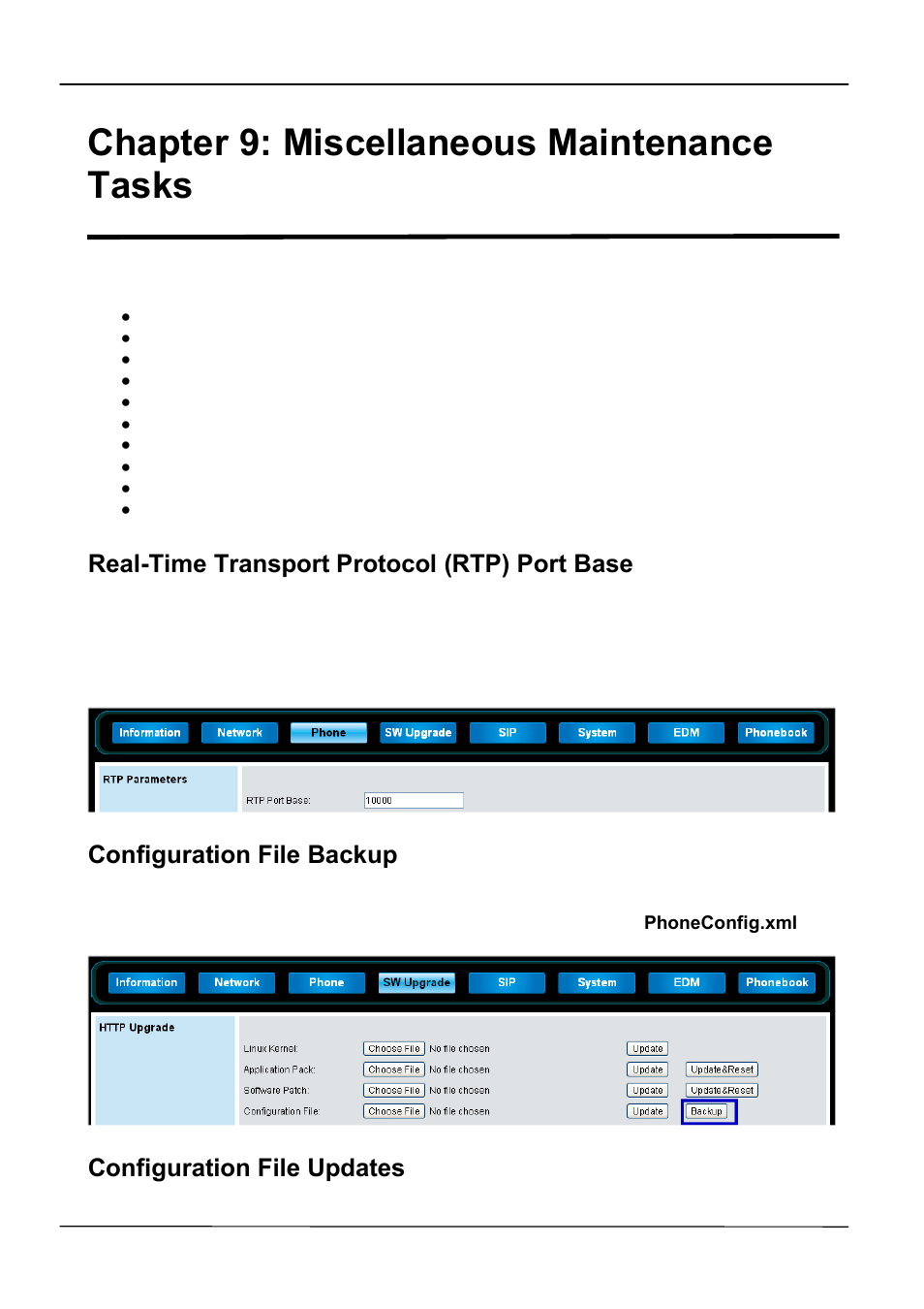 Chapter 9: miscellaneous maintenance tasks, Real-time transport protocol (rtp) port base, Configuration file backup | Configuration file updates | ATL Telecom IP-3062 PoE Professional IP Telephone User Manual | Page 52 / 74