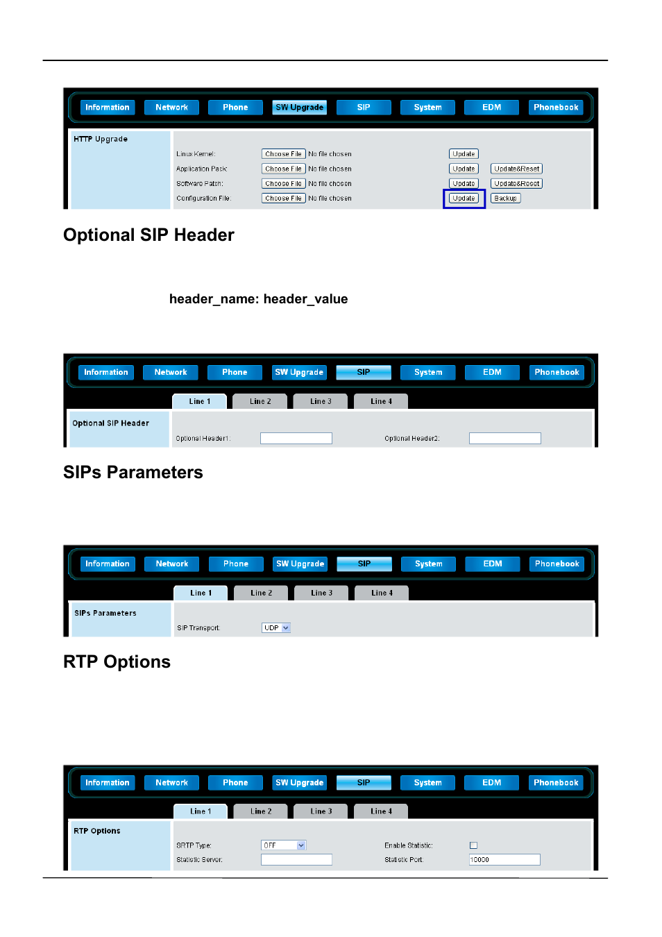 Optional sip header, Sips parameters, Rtp options | ATL Telecom IP-3062 PoE Professional IP Telephone User Manual | Page 54 / 74