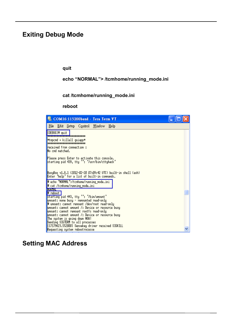 Exiting debug mode, Setting mac address | ATL Telecom IP-3062 PoE Professional IP Telephone User Manual | Page 73 / 74
