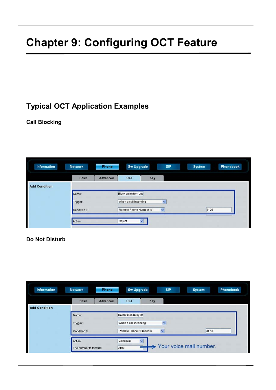 Chapter 9: configuring oct feature, Typical oct application examples | ATL Telecom IP-3072 PoE Smart Office IP Telephone User Manual | Page 48 / 84