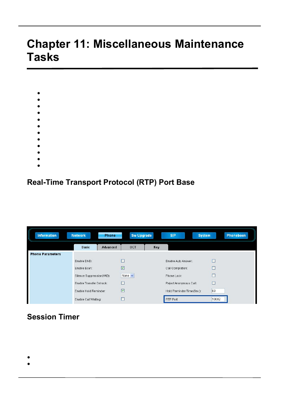 Chapter 11: miscellaneous maintenance tasks, Real-time transport protocol (rtp) port base, Session timer | ATL Telecom IP-3072 PoE Smart Office IP Telephone User Manual | Page 55 / 84